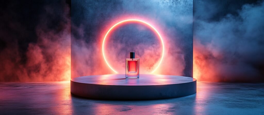 A perfume bottle sits on a circular platform, bathed in neon red and blue light, surrounded by smoke.  Mysterious and stylish.